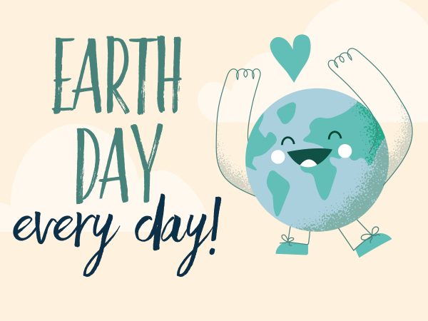 Earth day every day text with earth character